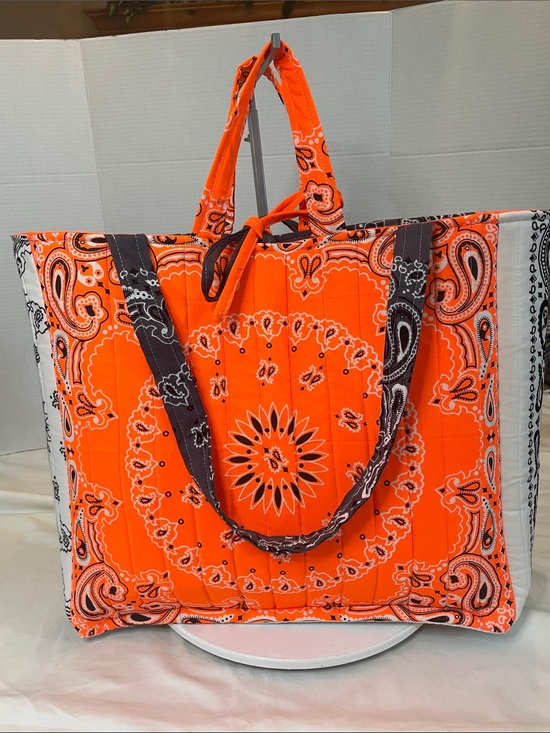 Handbags - Orange gray bandanna Quilted Tote Bag- handmade
